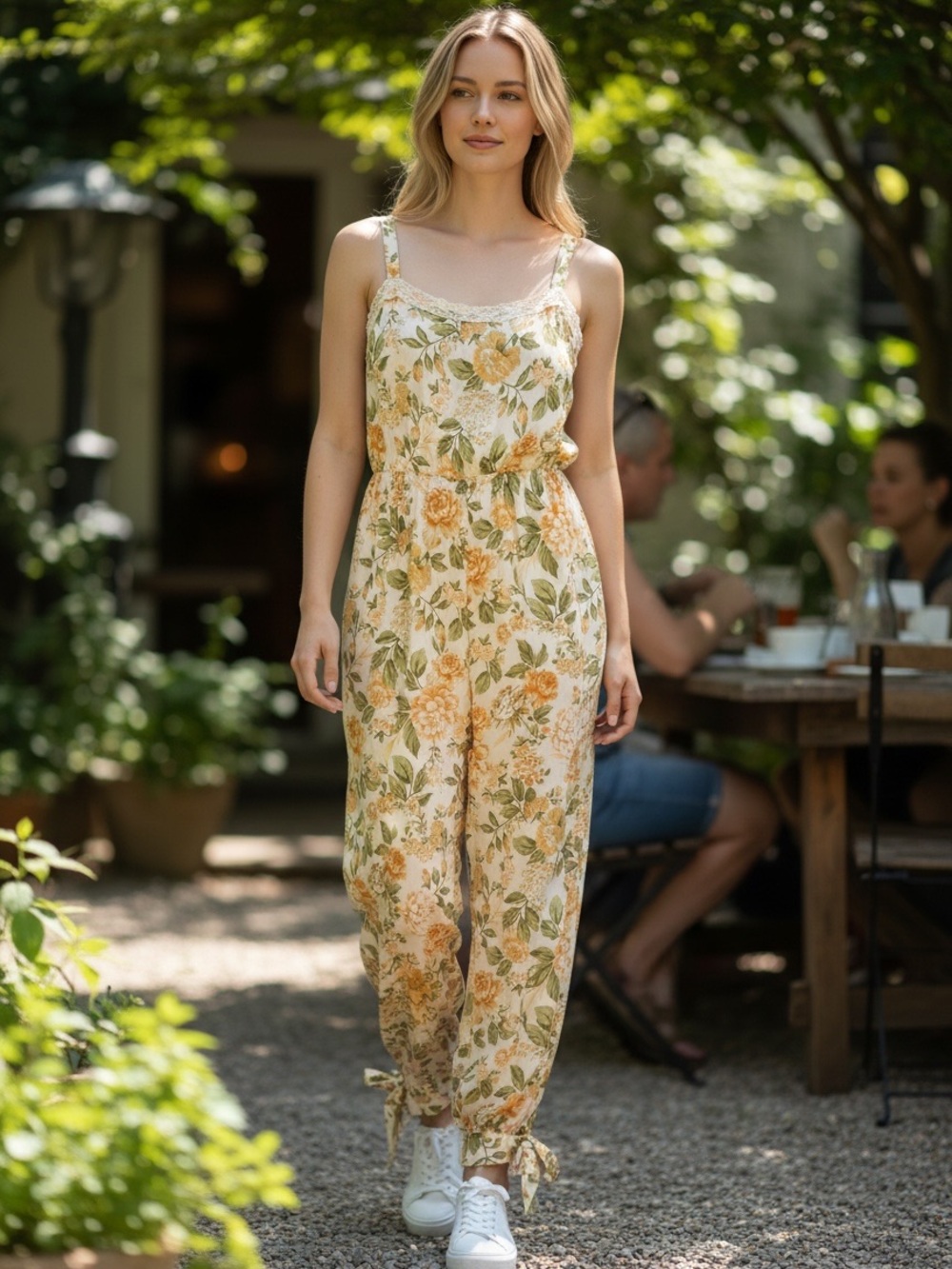 Harlow & Rose Floral Tie Leg Jumpsuit Green Orange Medium
